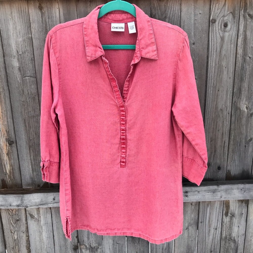 Chico’s 100% Linen Factory Faded Pop Over Tunic.